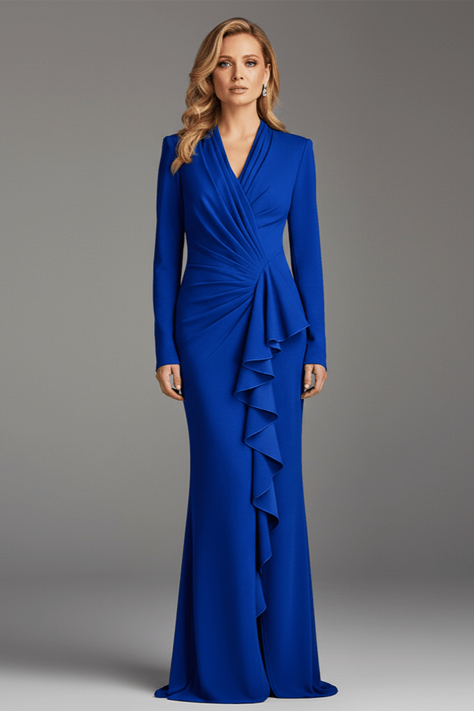 Solena Royal Blue Pleated V - Neck Gown by Luxe Lane | from Luxe Lane | SKU:  | Barcode:  | Options: Blue S | Solena Royal Blue Pleated V - Neck Gown