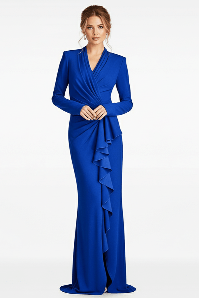 Solena Royal Blue Pleated V - Neck Gown by Luxe Lane | from Luxe Lane | SKU:  | Barcode:  | Options: Blue S | Solena Royal Blue Pleated V - Neck Gown