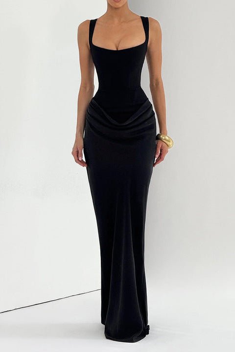 Square Neck Ruched Sleeveless Bodycon Maxi Evening Dress by Luxe Lane | Party Dresses from Luxe Lane | SKU: -1 | Barcode:  | Options: brown XS(4) | Wholesale OEM ODM Dropshipping Brown Square Neck Ruched Maxi Dress Women Sleeveless Bodycon Formal Evening Party Corset Dresses