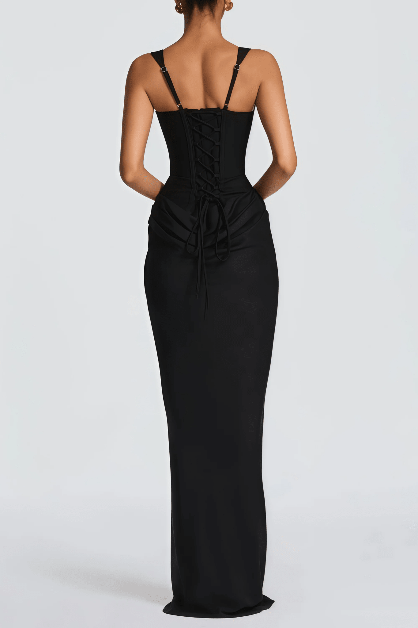 Square Neck Ruched Sleeveless Bodycon Maxi Evening Dress by Luxe Lane | Party Dresses from Luxe Lane | SKU: -1 | Barcode:  | Options: brown XS(4) | Black evening gown with lace detailing on a white background