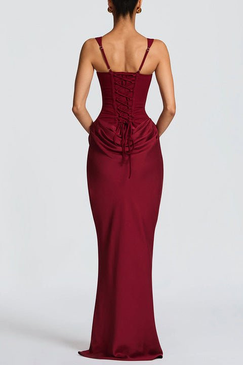 Square Neck Ruched Sleeveless Bodycon Maxi Evening Dress by Luxe Lane | Party Dresses from Luxe Lane | SKU: -6 | Barcode:  | Options: Red XS(4) | Wholesale OEM ODM Dropshipping Brown Square Neck Ruched Maxi Dress Women Sleeveless Bodycon Formal Evening Party Corset Dresses