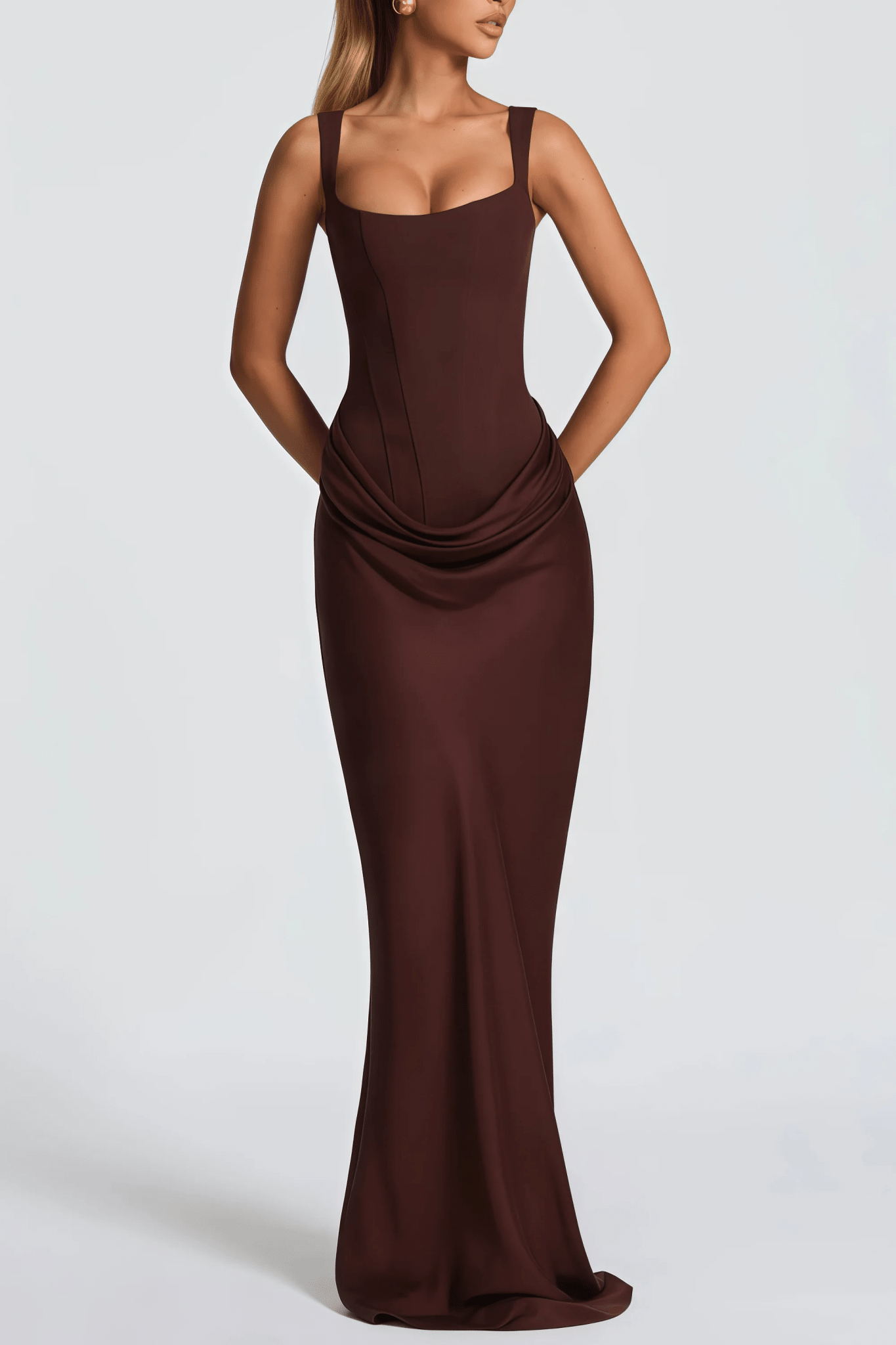 Square Neck Ruched Sleeveless Bodycon Maxi Evening Dress by Luxe Lane | Party Dresses from Luxe Lane | SKU: -6 | Barcode:  | Options: Red XS(4) | Brown evening gown on a model against a light gray background