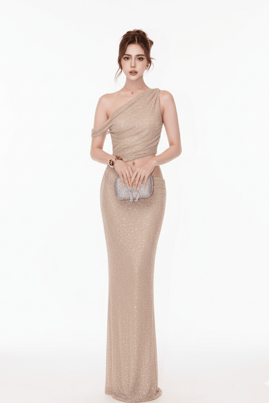 Stellar One - Shoulder Rhinestone Gown by Luxe Lane | from Luxe Lane | SKU:  | Barcode:  | Options: Dark blue XS | Stellar One - Shoulder Rhinestone Gown