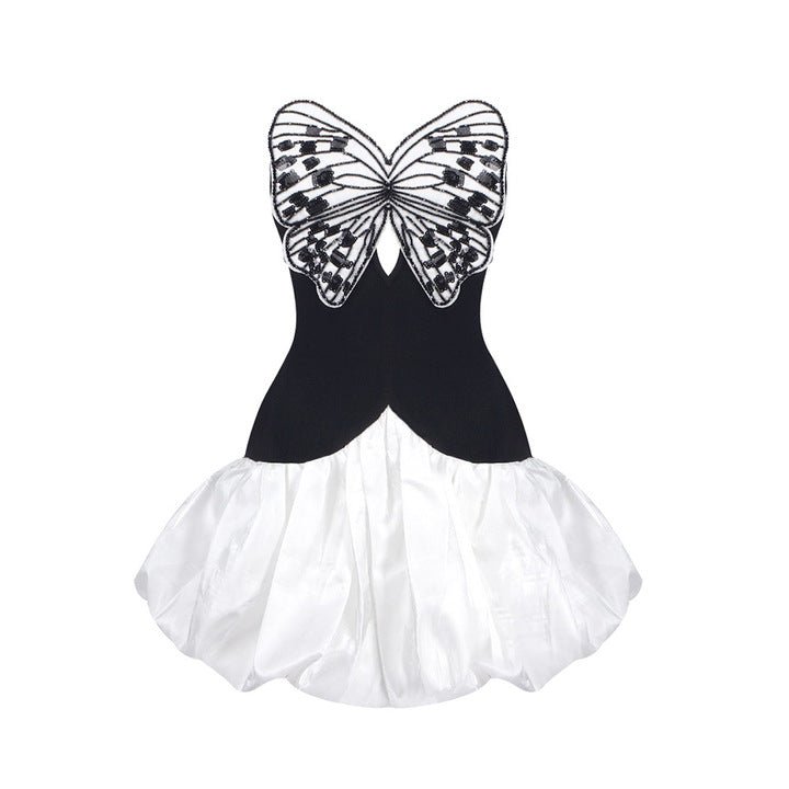 Strapless Beaded Butterfly Mini Dress by Luxe Lane | Mini gown from Luxe Lane | SKU:  | Barcode: 11 | Options: Black XS | Black and White Strapless Mini Cocktail Dress Beaded Embroidered Butterfly Club Prom Dresses Semi Formal Party Outfit