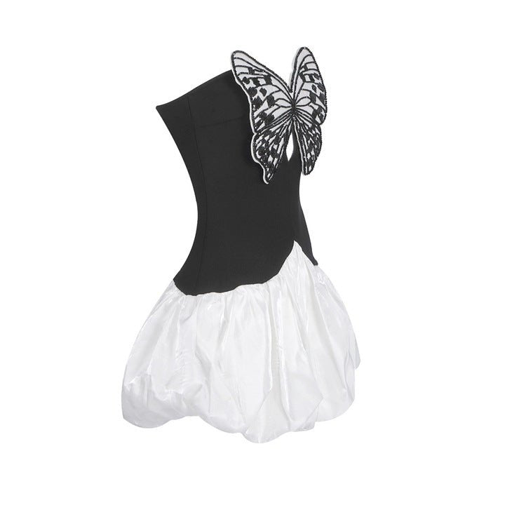 Strapless Beaded Butterfly Mini Dress by Luxe Lane | Mini gown from Luxe Lane | SKU:  | Barcode: 11 | Options: Black XS | Black and White Strapless Mini Cocktail Dress Beaded Embroidered Butterfly Club Prom Dresses Semi Formal Party Outfit