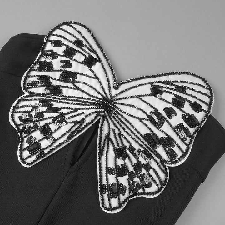 Strapless Beaded Butterfly Mini Dress by Luxe Lane | Mini gown from Luxe Lane | SKU:  | Barcode: 11 | Options: Black XS | Black and White Strapless Mini Cocktail Dress Beaded Embroidered Butterfly Club Prom Dresses Semi Formal Party Outfit