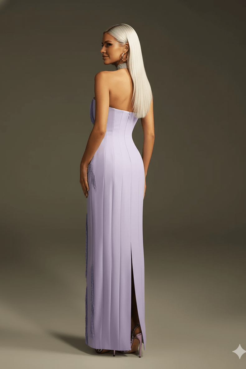 Strapless Beaded Fringe Evening Gown by Luxe Lane | heath gown from Luxe Lane | SKU: -1 | Barcode:  | Options: PURPLE S(2) | Woman wearing a strapless lavender gown with a slit on a plain background