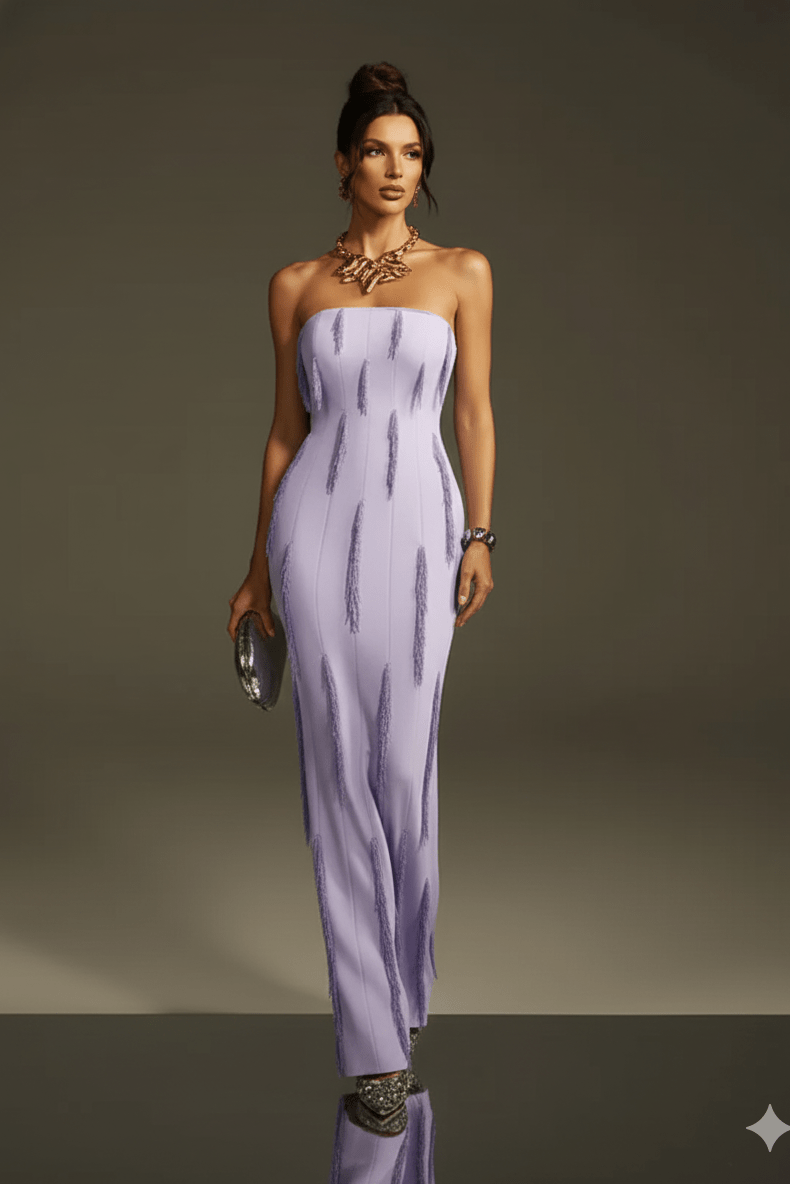 Strapless Beaded Fringe Evening Gown by Luxe Lane | heath gown from Luxe Lane | SKU: -1 | Barcode:  | Options: PURPLE S(2) | Woman wearing a strapless lavender gown against a neutral background