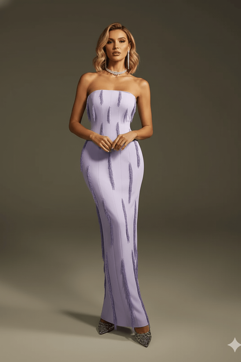 Strapless Beaded Fringe Evening Gown by Luxe Lane | heath gown from Luxe Lane | SKU: -1 | Barcode:  | Options: PURPLE S(2) | Woman wearing a strapless lavender gown against a plain background
