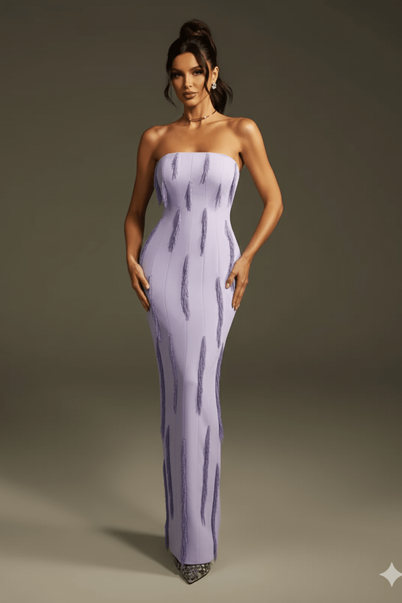 Strapless Beaded Fringe Evening Gown by Luxe Lane | heath gown from Luxe Lane | SKU: -1 | Barcode:  | Options: PURPLE S(2) | Woman wearing a strapless lavender evening gown against a plain background