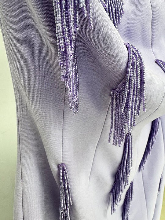 Strapless Beaded Fringe Evening Gown by Luxe Lane | heath gown from Luxe Lane | SKU: -1 | Barcode:  | Options: PURPLE S(2) | Low Moq Women Custom Clothing Elegant Lavender Strapless Designer Dresses Purple Party Dress Evening Gown With Beaded Fringe
