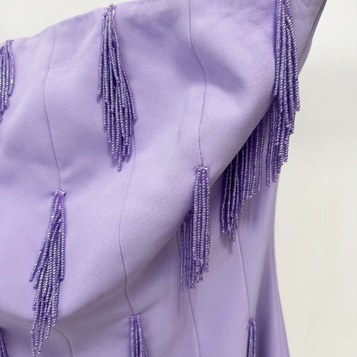 Strapless Beaded Fringe Evening Gown by Luxe Lane | heath gown from Luxe Lane | SKU: -1 | Barcode:  | Options: PURPLE S(2) | Low Moq Women Custom Clothing Elegant Lavender Strapless Designer Dresses Purple Party Dress Evening Gown With Beaded Fringe