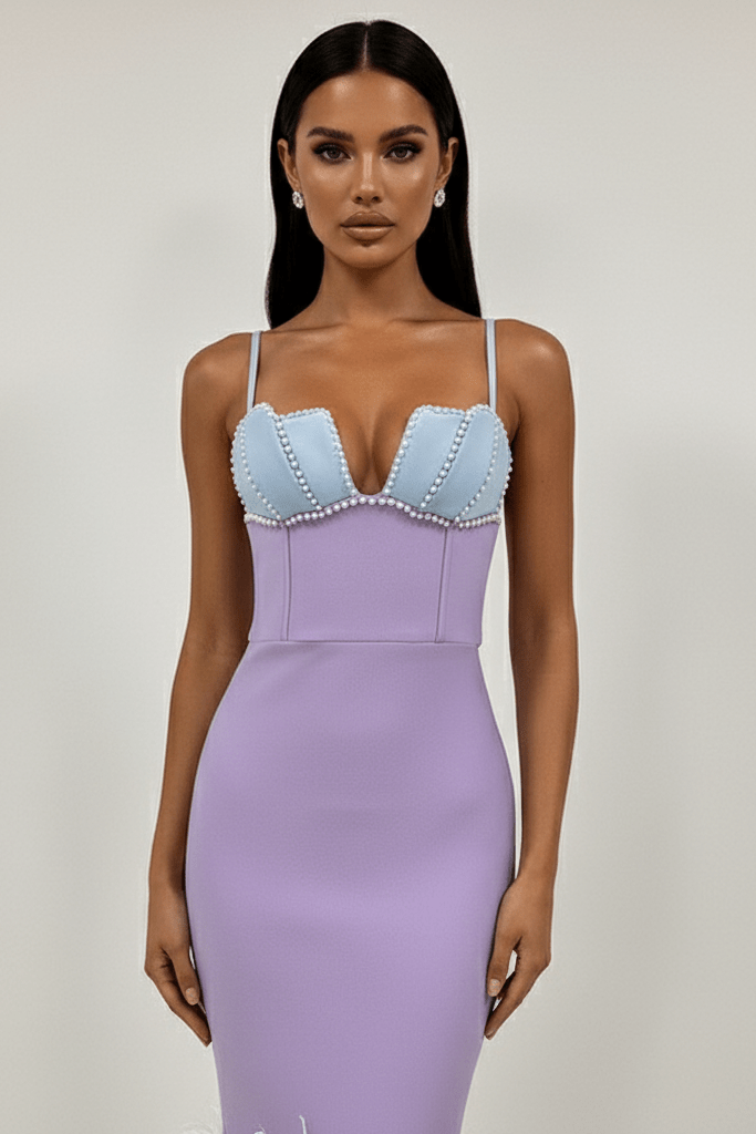 Strapless Feather Pearl Floor - Length Bandage Dress by Y&H | Party Dresses from Luxe Lane | SKU:  | Barcode:  | Options: Purple XS(4) | Strapless Feather Pearl Floor - Length Bandage Dress