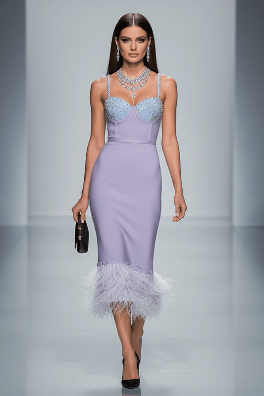 Strapless Feather Pearl Floor - Length Bandage Dress by Y&H | Party Dresses from Luxe Lane | SKU:  | Barcode:  | Options: Purple XS(4) | Strapless Feather Pearl Floor - Length Bandage Dress