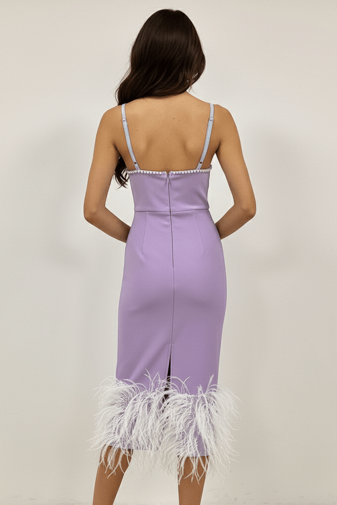Strapless Feather Pearl Floor - Length Bandage Dress by Y&H | Party Dresses from Luxe Lane | SKU:  | Barcode:  | Options: Purple XS(4) | Strapless Feather Pearl Floor - Length Bandage Dress