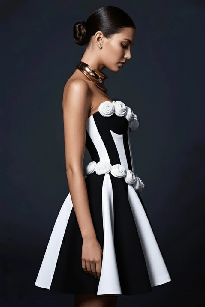 Strapless Floral Applique Mini Bandage Dress by Shine | Club Dresses from Luxe Lane | SKU: HD10204-1 | Barcode:  | Options: Black S(6) | Strapless Floral Applique Mini Bandage Dress