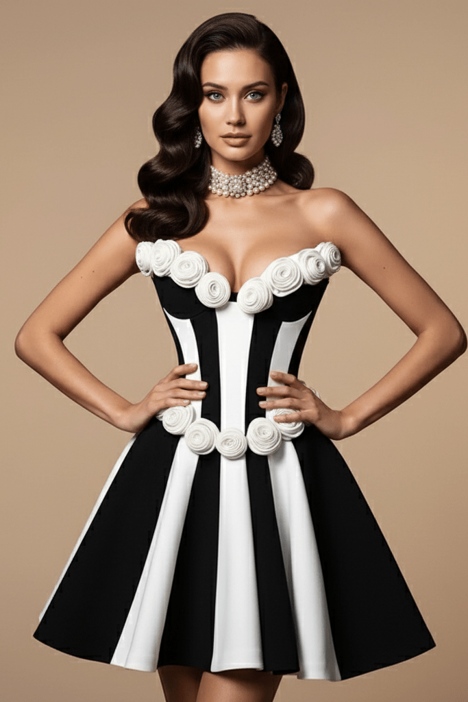 Strapless Floral Applique Mini Bandage Dress by Shine | Club Dresses from Luxe Lane | SKU: HD10204-1 | Barcode:  | Options: Black S(6) | Strapless Floral Applique Mini Bandage Dress