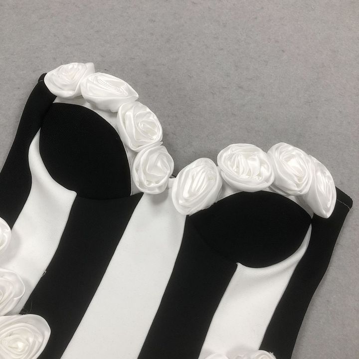 Strapless Floral Applique Mini Bandage Dress by Shine | Club Dresses from Luxe Lane | SKU: HD10204-1 | Barcode:  | Options: Black S(6) | Custom Bandage Dresses Manufacturer Sexy Party Wear Elegant Black and White Strapless Floral Applique Striped Flare Mini Dress