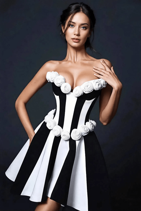 Strapless Floral Applique Mini Bandage Dress by Shine | Club Dresses from Luxe Lane | SKU: HD10204-1 | Barcode:  | Options: Black S(6) | Custom Bandage Dresses Manufacturer Sexy Party Wear Elegant Black and White Strapless Floral Applique Striped Flare Mini Dress