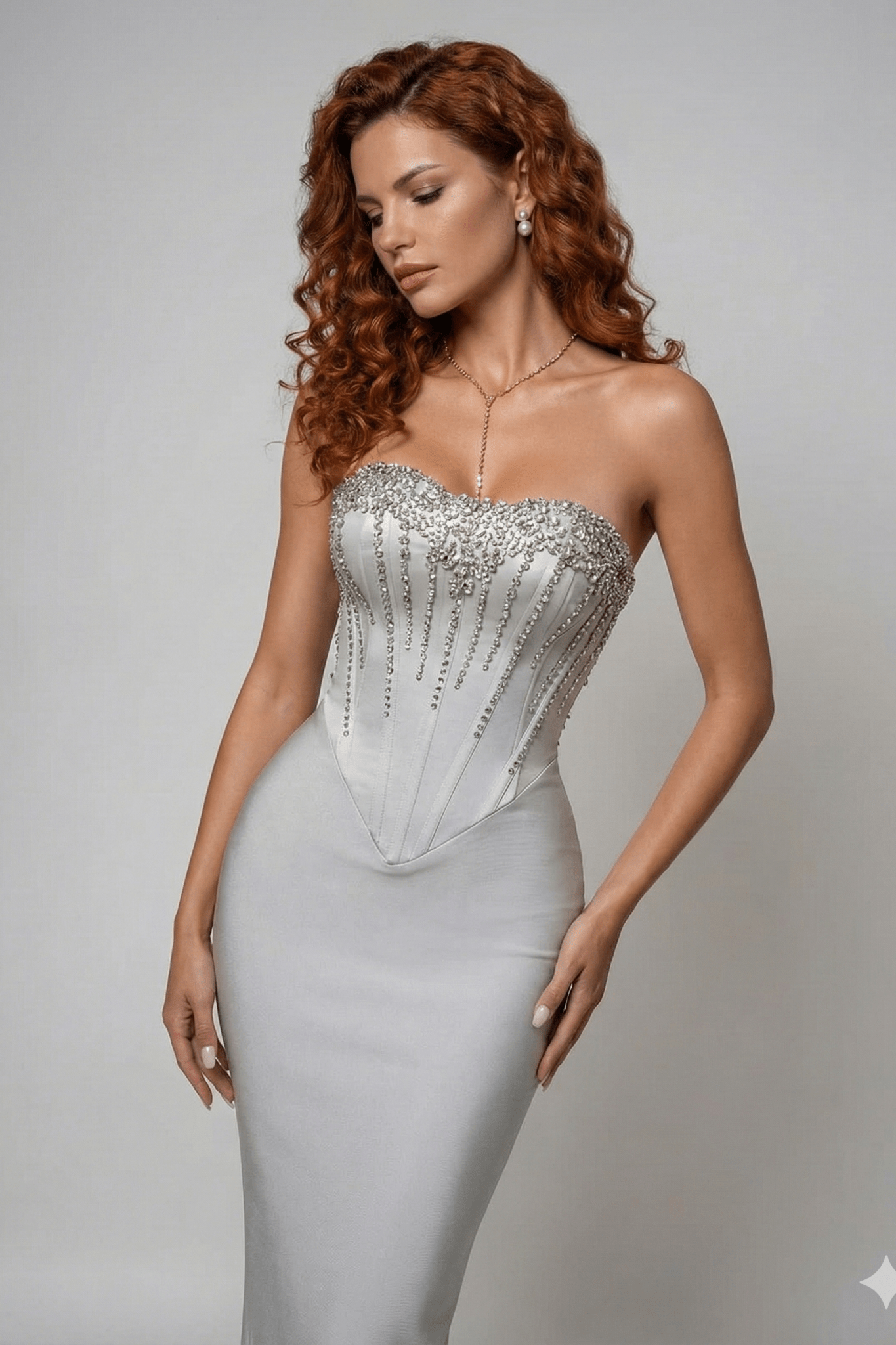 Strapless Rhinestone Corset Maxi Gown by Shine | Party dresses from Luxe Lane | SKU: -1 | Barcode:  | Options: Light gray XS(4) | Woman wearing a silver strapless gown with intricate detailing on a gray background