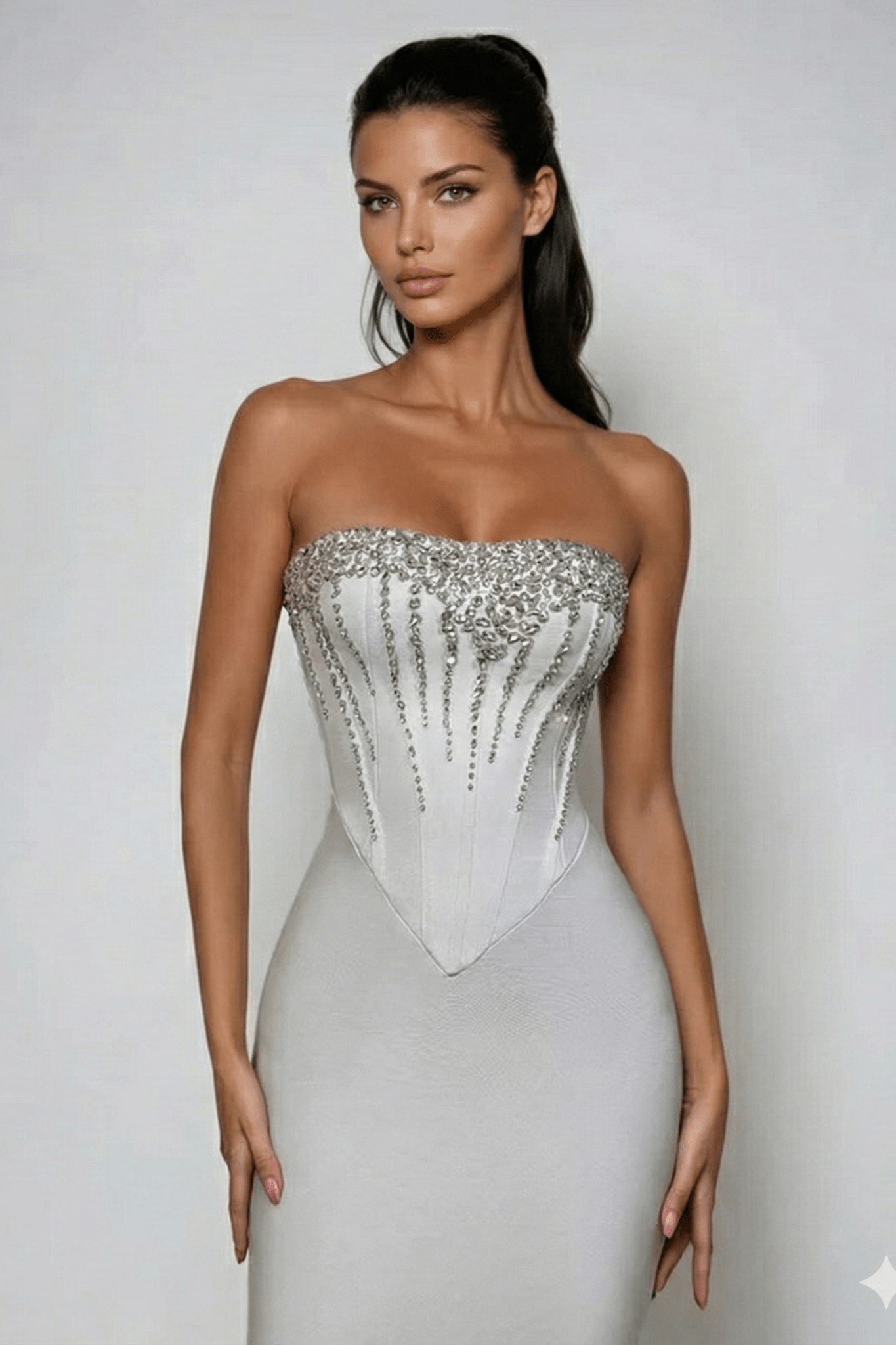 Strapless Rhinestone Corset Maxi Gown by Shine | Party dresses from Luxe Lane | SKU: -1 | Barcode:  | Options: Light gray XS(4) | Woman wearing a strapless silver gown with intricate detailing on a plain background