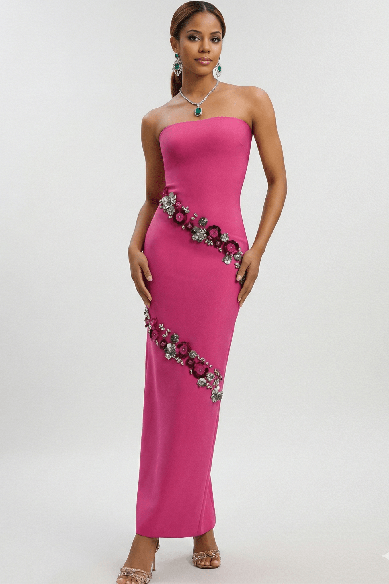 Strapless Rhinestone Floral Bandage Maxi Dress by Shine | Dresses from Luxe Lane | SKU: HD10654-1 | Barcode:  | Options: Rose red S(6) | Woman wearing a pink strapless dress with embellishments on a white background