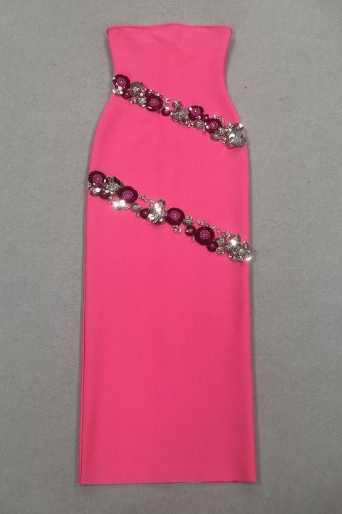 Strapless Rhinestone Floral Bandage Maxi Dress by Shine | Dresses from Luxe Lane | SKU: HD10654-1 | Barcode:  | Options: Rose red S(6) | Dropshipping Bandage Dresses Supplier Elegant Hot Pink Strapless Bodycon Maxi Women's Dress With Rhinestone Sequin Floral