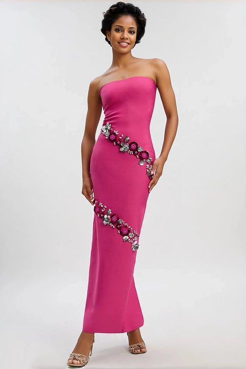 Strapless Rhinestone Floral Bandage Maxi Dress by Shine | Dresses from Luxe Lane | SKU: HD10654-1 | Barcode:  | Options: Rose red S(6) | Dropshipping Bandage Dresses Supplier Elegant Hot Pink Strapless Bodycon Maxi Women's Dress With Rhinestone Sequin Floral