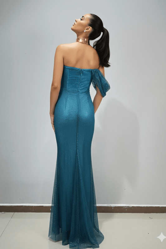 Strapless Rhinestone Ruffle Bodycon Maxi Evening Dresssheath gownBlueS(6)Luxe Lane