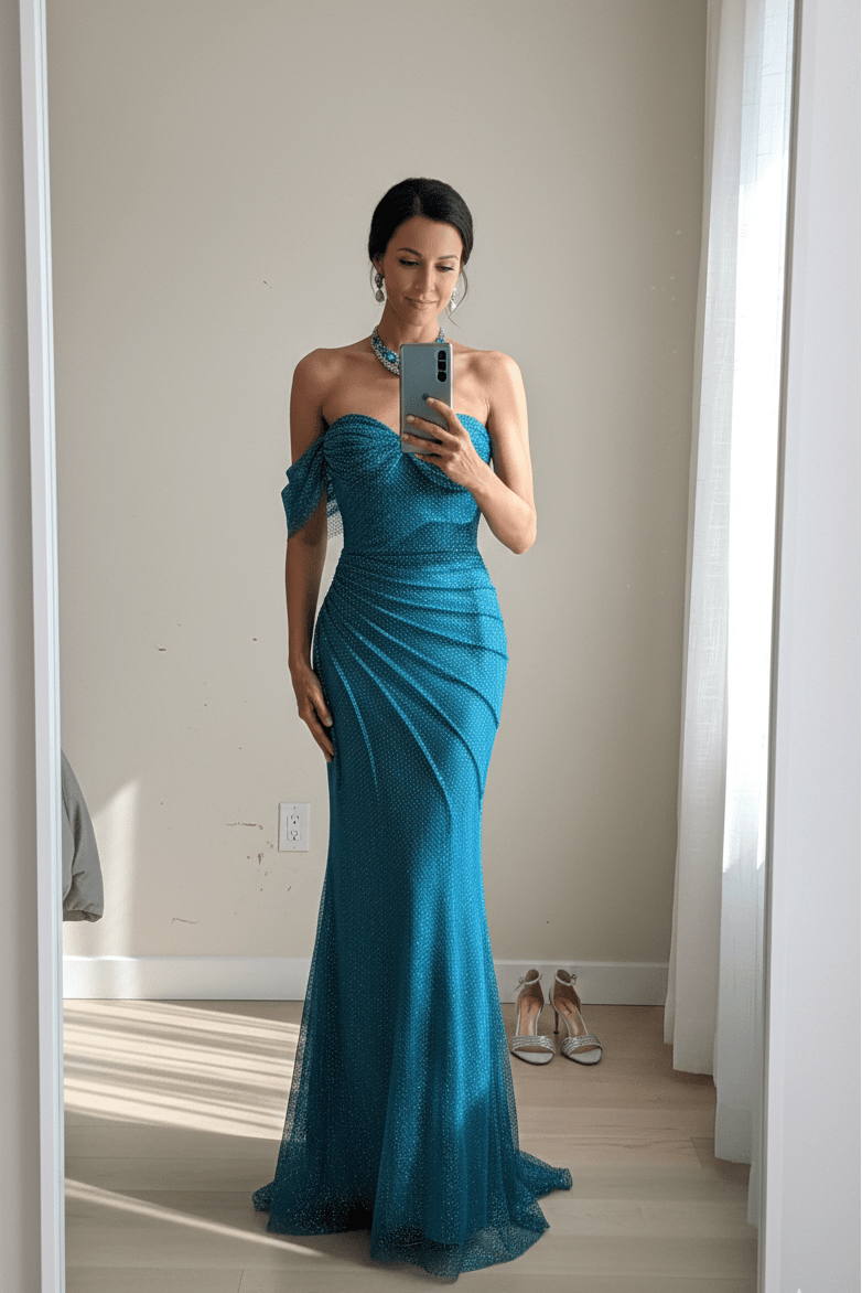 Strapless Rhinestone Ruffle Bodycon Maxi Evening Dress+sheath gownBlueS(6)Luxe Lane