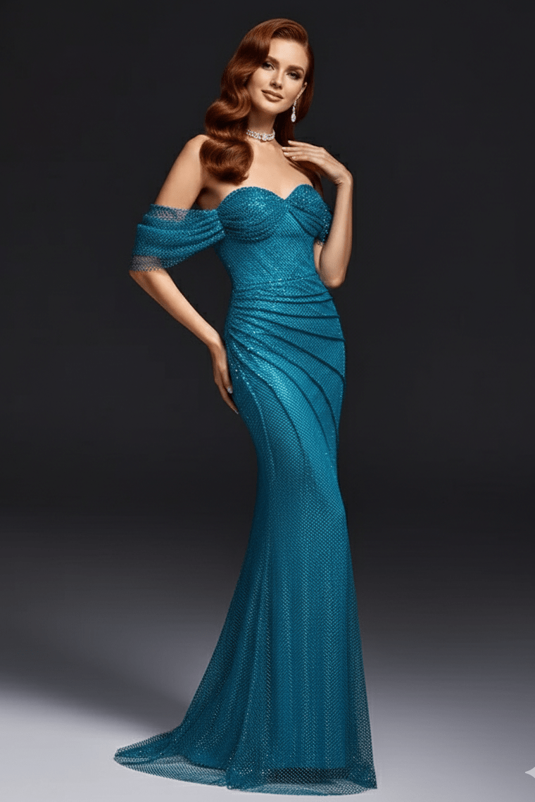 Strapless Rhinestone Ruffle Bodycon Maxi Evening Dresssheath gownBlueS(6)Luxe Lane