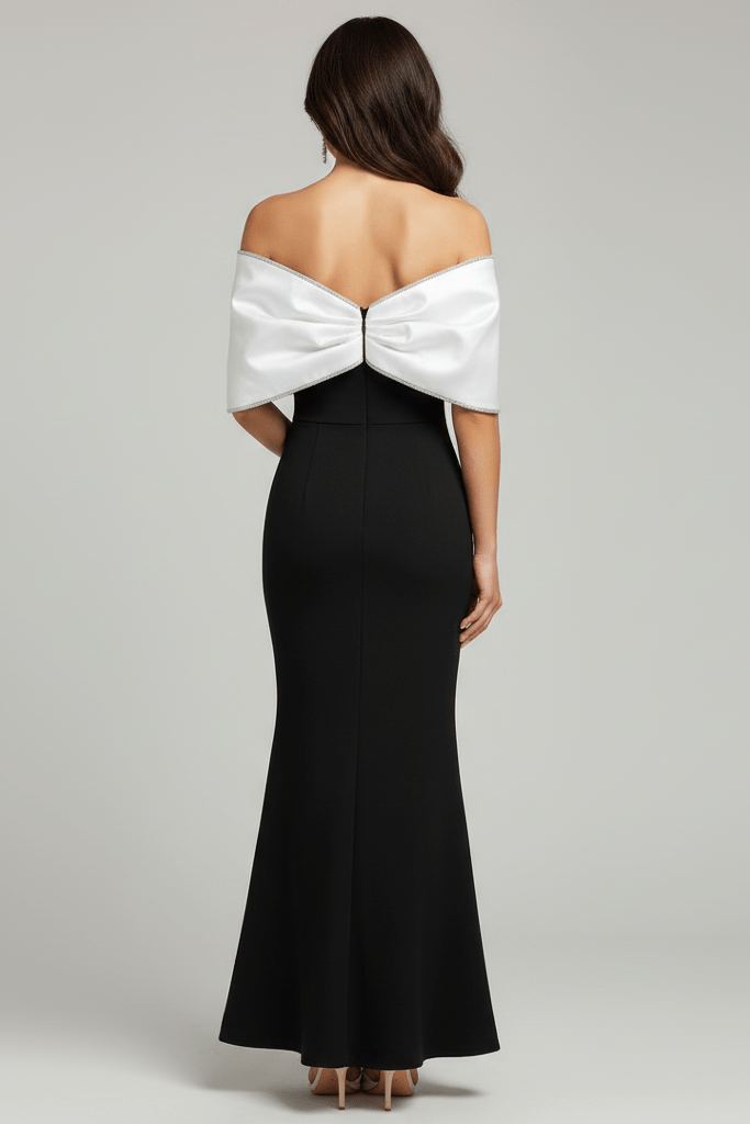 Strapless Satin Bow Mermaid Evening Gown by Y&H | mermaid gown from Luxe Lane | SKU: -1 | Barcode:  | Options: Black S(6) | Strapless Satin Bow Mermaid Evening Gown