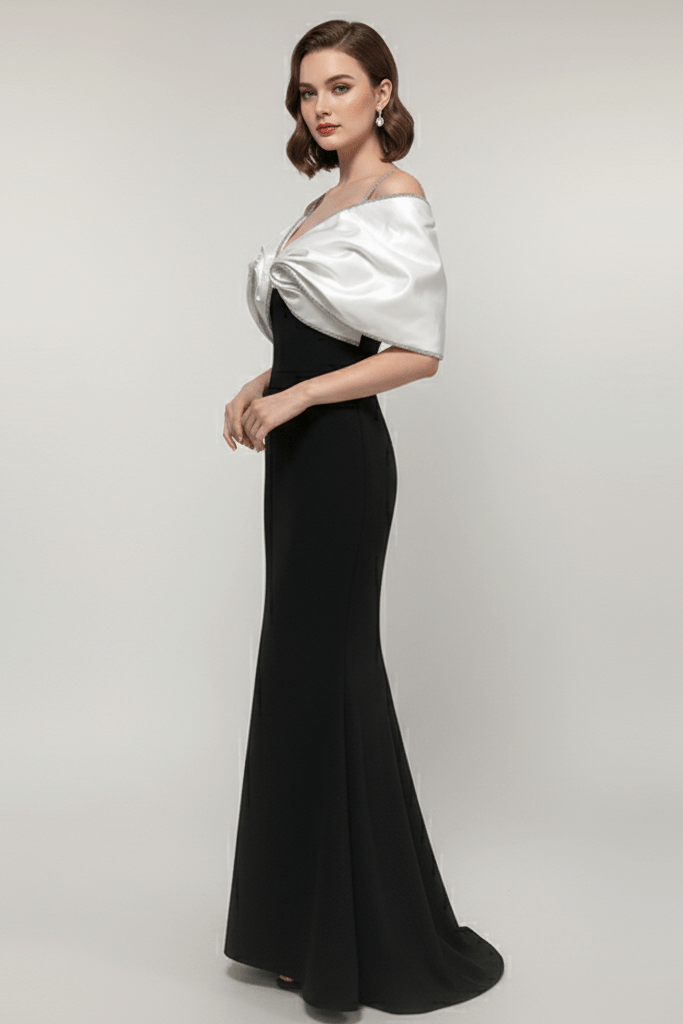 Strapless Satin Bow Mermaid Evening Gown by Y&H | mermaid gown from Luxe Lane | SKU: -1 | Barcode:  | Options: Black S(6) | Strapless Satin Bow Mermaid Evening Gown