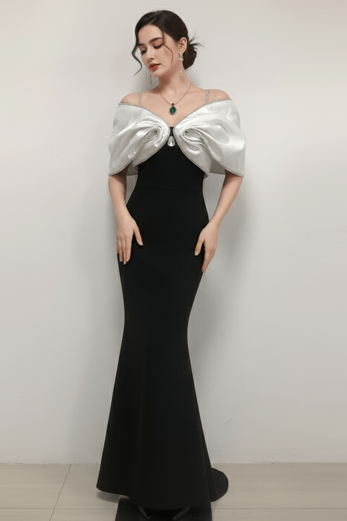 Strapless Satin Bow Mermaid Evening Gown by Y&H | mermaid gown from Luxe Lane | SKU: -1 | Barcode:  | Options: Black S(6) | Strapless Satin Bow Mermaid Evening Gown