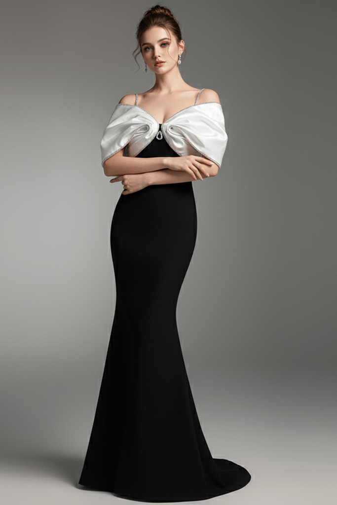 Strapless Satin Bow Mermaid Evening Gown by Y&H | mermaid gown from Luxe Lane | SKU: -1 | Barcode:  | Options: Black S(6) | Strapless Satin Bow Mermaid Evening Gown