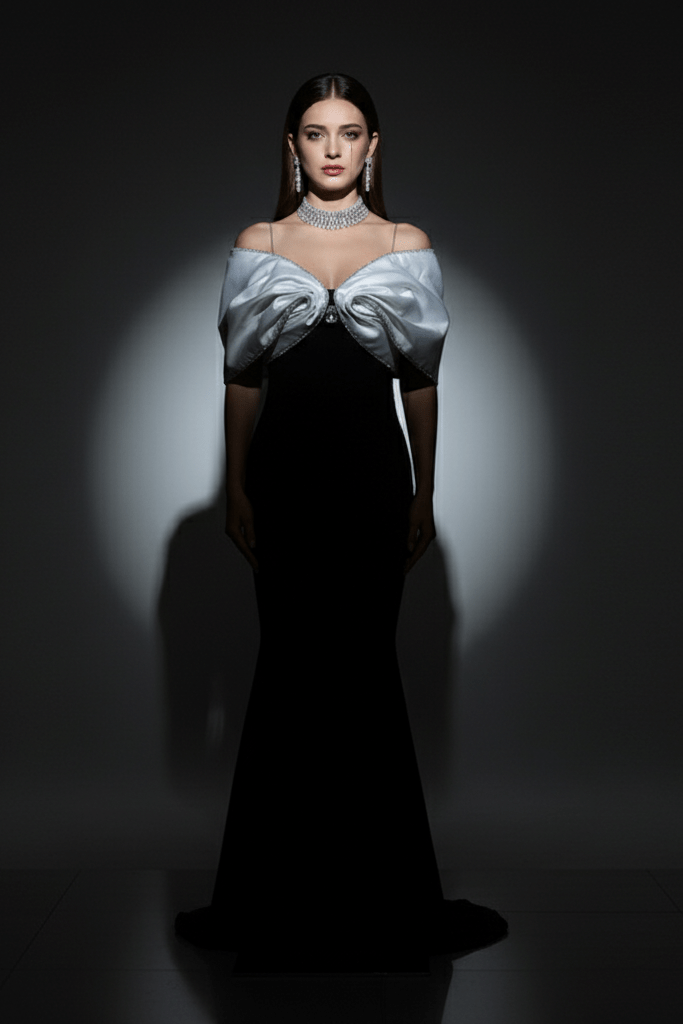 Strapless Satin Bow Mermaid Evening Gown by Y&H | mermaid gown from Luxe Lane | SKU: -1 | Barcode:  | Options: Black S(6) | Strapless Satin Bow Mermaid Evening Gown