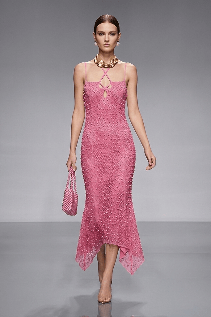 Strapless Sequin Beaded Flowy Party Maxi Dress by Luxe Lane | Party Dress from Luxe Lane | SKU: HB9872-1 | Barcode:  | Options: Rose red S(6) | Model wearing a pink dress with a gray background