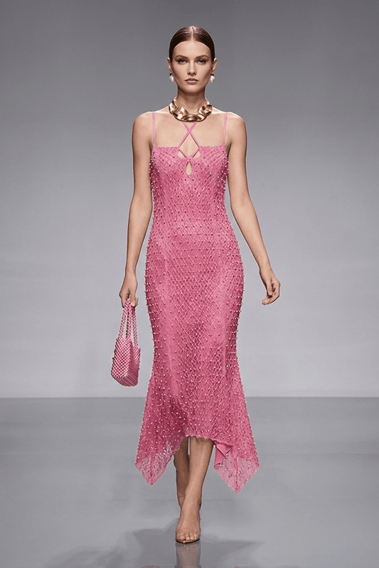 Strapless Sequin Beaded Flowy Party Maxi Dress by Luxe Lane | Party Dress from Luxe Lane | SKU: HB9872-1 | Barcode:  | Options: Rose red S(6) | Model wearing a pink dress with a gray background