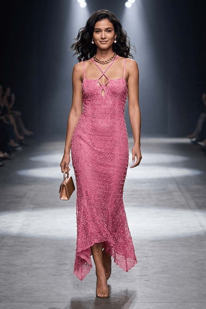 Strapless Sequin Beaded Flowy Party Maxi Dress by Luxe Lane | Party Dress from Luxe Lane | SKU: HB9872-1 | Barcode:  | Options: Rose red S(6) | Model walking on a fashion show runway wearing a pink dress.