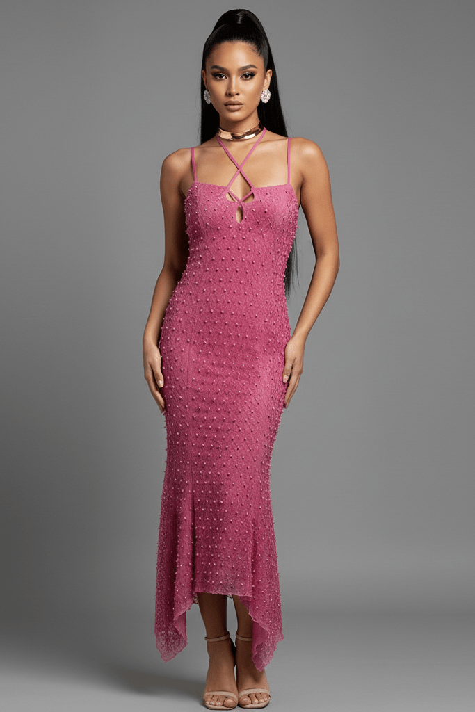 Strapless Sequin Beaded Flowy Party Maxi Dress by Luxe Lane | Party Dress from Luxe Lane | SKU: HB9872-1 | Barcode:  | Options: Rose red S(6) | Woman wearing a pink dress against a gray background