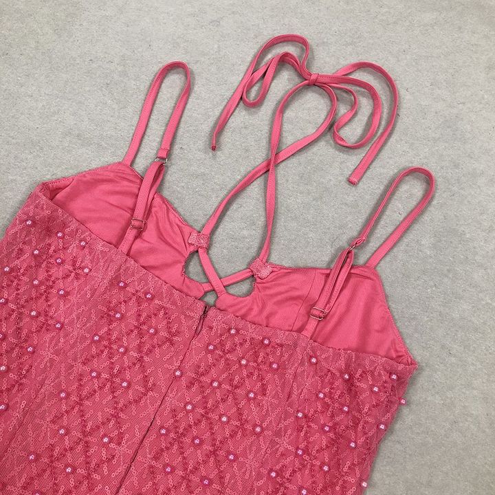 Strapless Sequin Beaded Flowy Party Maxi Dress by Luxe Lane | Party Dress from Luxe Lane | SKU: HB9872-1 | Barcode:  | Options: Rose red S(6) | Wholesale Summer New Sexy Suspender Backless Women Lady Elegant Flowy Dress Fashion Pink Sequin Beaded Party Club Dresses