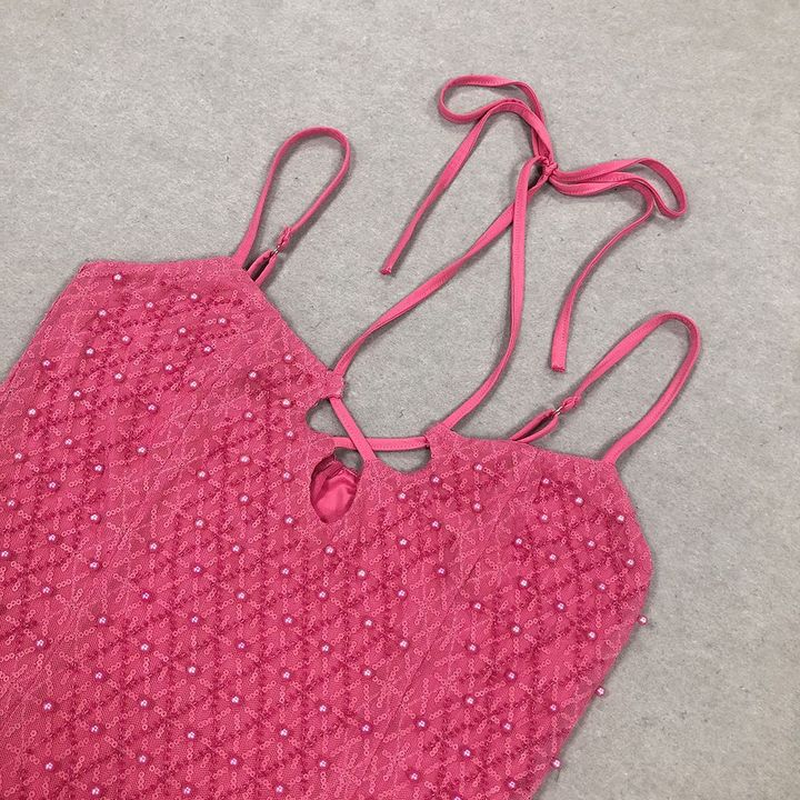 Strapless Sequin Beaded Flowy Party Maxi Dress by Luxe Lane | Party Dress from Luxe Lane | SKU: HB9872-1 | Barcode:  | Options: Rose red S(6) | Wholesale Summer New Sexy Suspender Backless Women Lady Elegant Flowy Dress Fashion Pink Sequin Beaded Party Club Dresses