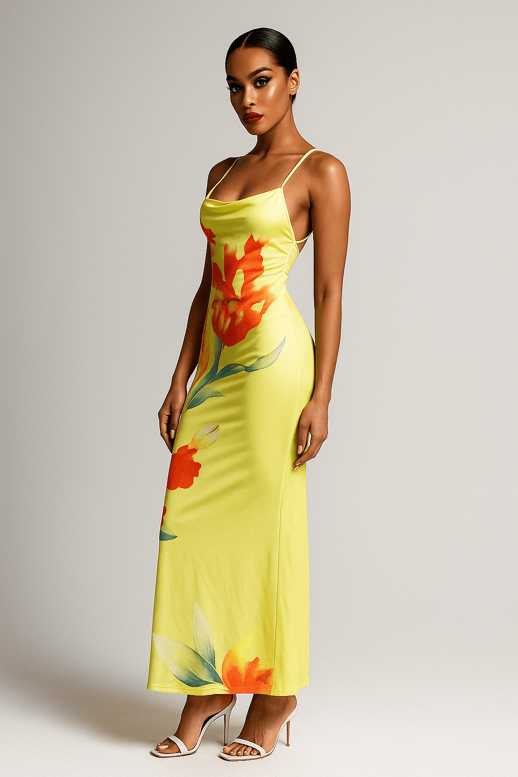 Sunset Bloom Satin Gown by Luxe Lane | from Luxe Lane | SKU:  | Barcode:  | Options: Yellow S | Sunset Bloom Satin Gown