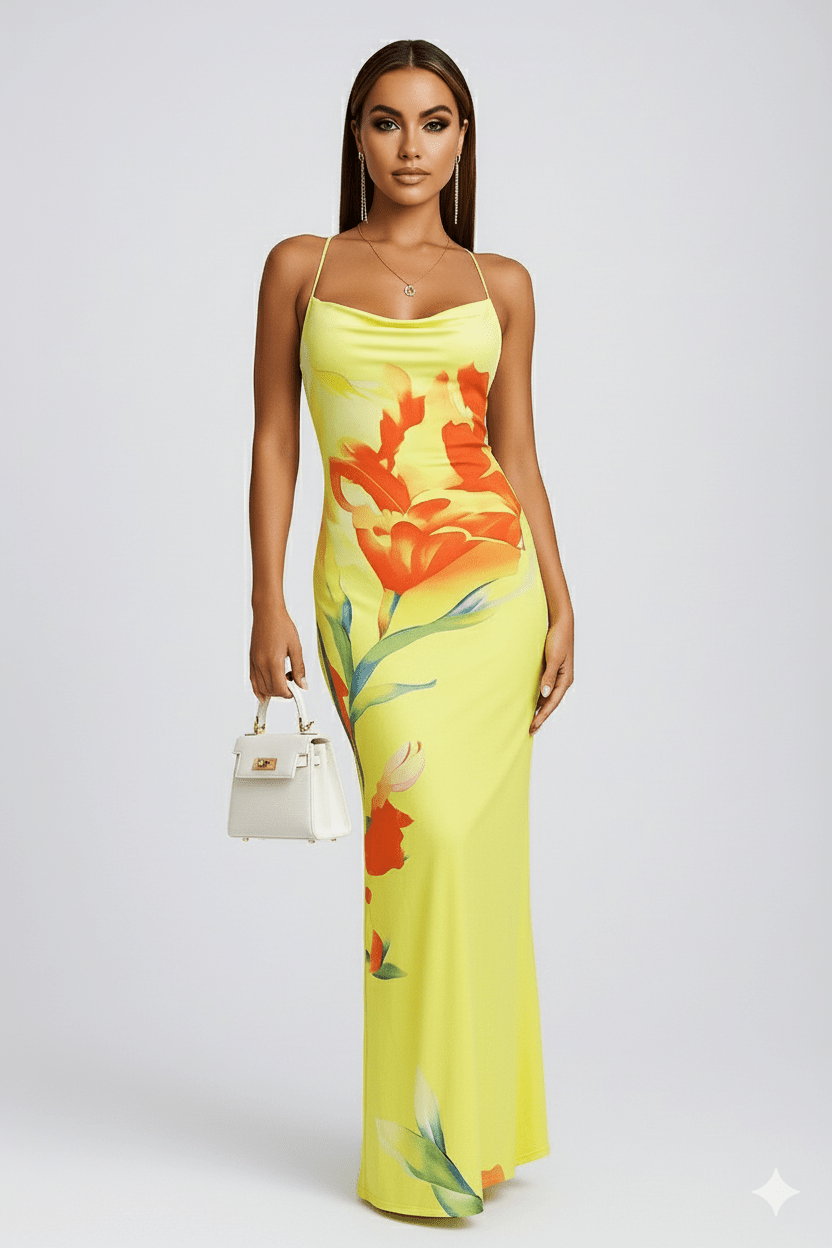 Sunset Bloom Satin Gown by Luxe Lane | from Luxe Lane | SKU:  | Barcode:  | Options: Yellow S | Sunset Bloom Satin Gown