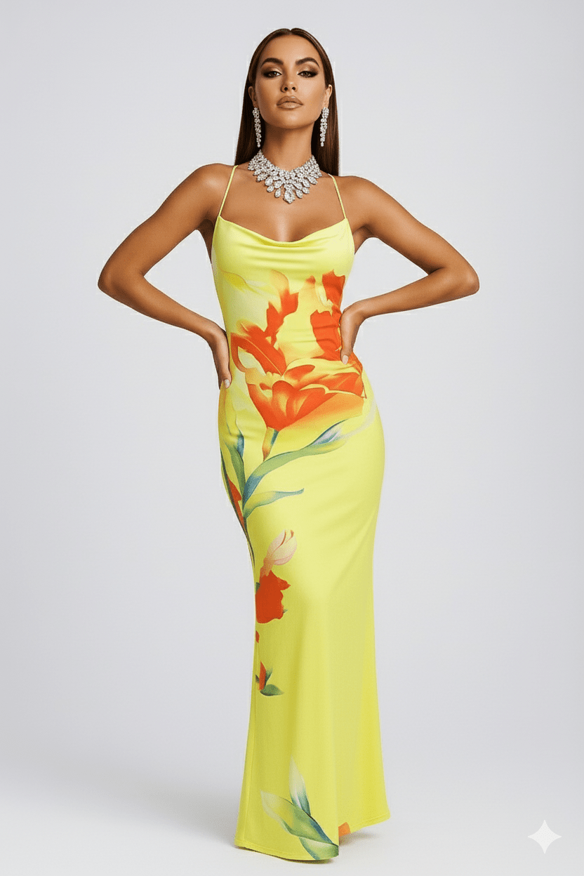 Sunset Bloom Satin Gown by Luxe Lane | from Luxe Lane | SKU:  | Barcode:  | Options: Yellow S | Sunset Bloom Satin Gown