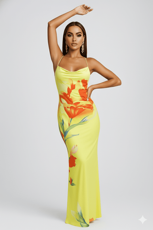 Sunset Bloom Satin Gown by Luxe Lane | from Luxe Lane | SKU:  | Barcode:  | Options: Yellow S | Sunset Bloom Satin Gown