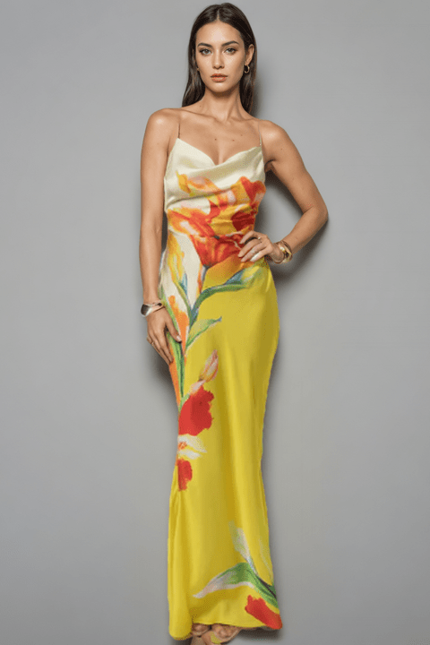 Sunset Bloom Satin Gown by Luxe Lane | from Luxe Lane | SKU:  | Barcode:  | Options: Yellow S | Elegant Yellow Satin Evening Dresses Floral Print Spaghetti Strap V Neck Backless Maxi Party Gown for Women