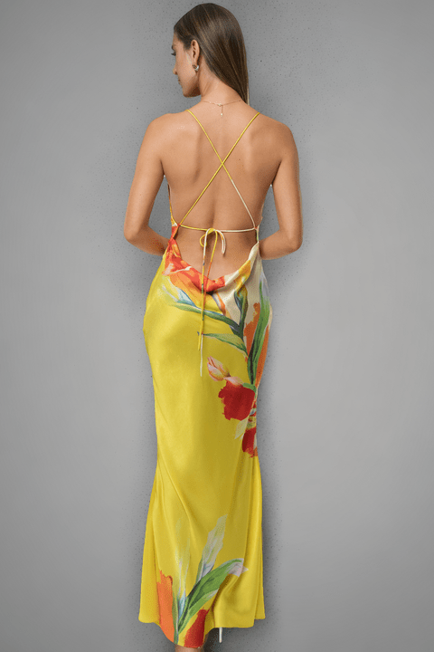Sunset Bloom Satin Gown by Luxe Lane | from Luxe Lane | SKU:  | Barcode:  | Options: Yellow S | Elegant Yellow Satin Evening Dresses Floral Print Spaghetti Strap V Neck Backless Maxi Party Gown for Women