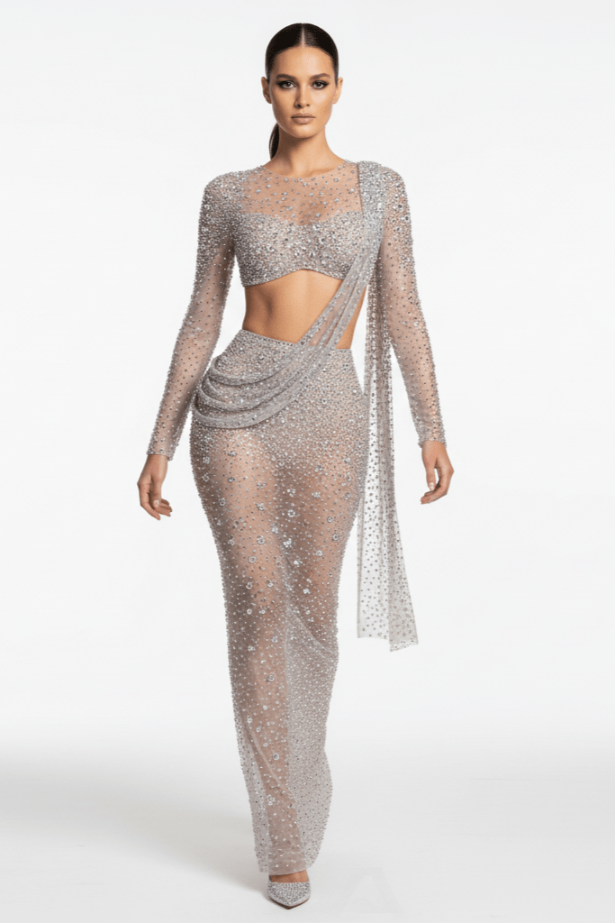 Sylvara Silver Rhinestone Two - Piece Gown by Shine | mermaid gown from Luxe Lane | SKU: W11649-1 | Barcode:  | Options: Silver S(6) | Sylvara Silver Rhinestone Two - Piece Gown