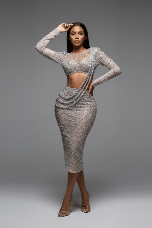 Sylvara Silver Rhinestone Two - Piece Gown by Shine | mermaid gown from Luxe Lane | SKU: W11649-1 | Barcode:  | Options: Silver S(6) | Sylvara Silver Rhinestone Two - Piece Gown
